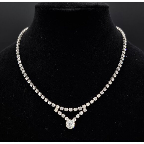 Vintage 1950s-1960s Double Row Rhinestone Necklace With Large Round Center Stone - Picture 1 of 4